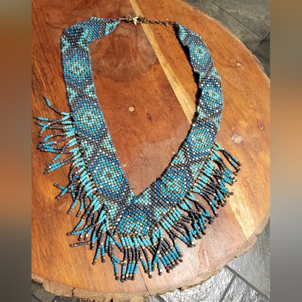 Native American Style Woven Turquoise And Bronze Bead Fringe Tribal Necklace - Picture 4 of 10